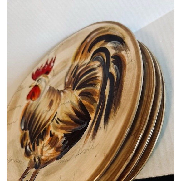 TableTops Gallery Romalo Rooster Dinner Plate 11.5" set of 4 Hand Painted Rustic - Picture 3 of 13